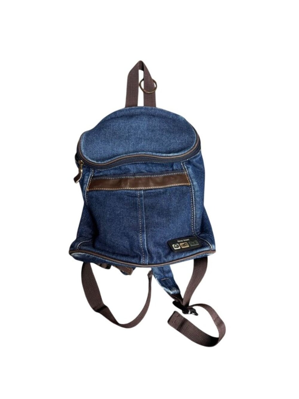 Nine West Denim Mini Backpack Purse Blue Cotton Y2K Brown Trim Zip Bag